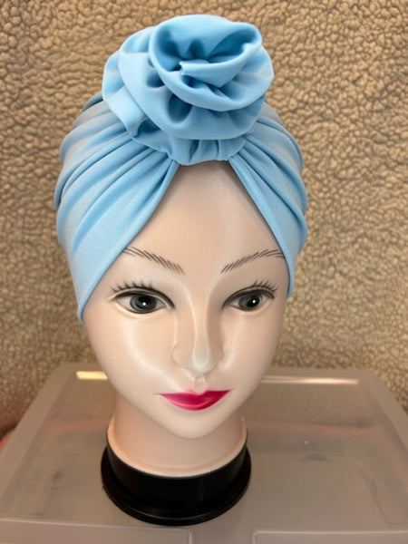 Kids Soft Blue Stretchy Turban With Flower Top