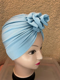 Kids Soft Blue Stretchy Turban With Flower Top