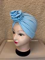 Kids Soft Blue Stretchy Turban With Flower Top