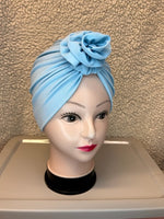 Kids Soft Blue Stretchy Turban With Flower Top