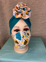 Kids Turquoise Spandex Jersey Turban And Mask Set With Flower Top From The Bee Collection