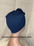Navy Blue Stretch Turban With Flower Top For Small Heads
