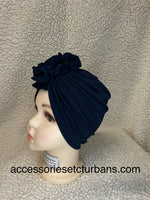 Navy Blue Stretch Turban With Flower Top For Small Heads