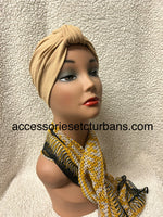 Tan Cotton Knit Classic Turban With Decorative Scarf