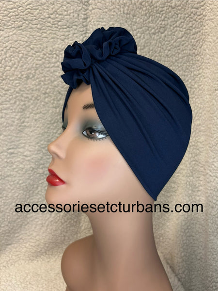 Navy Blue Stretch Turban With Flower Top For Small Heads
