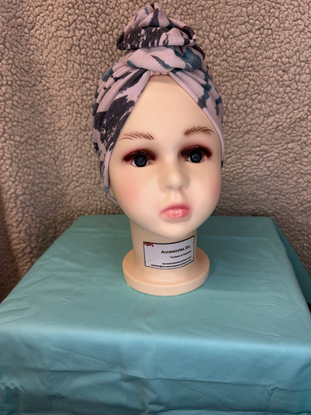 Kids Pink Printed Jersey Turban With Flower Top