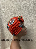 Red Floral Printed Turban With Bow