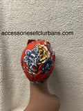Red Floral Printed Turban With Bow