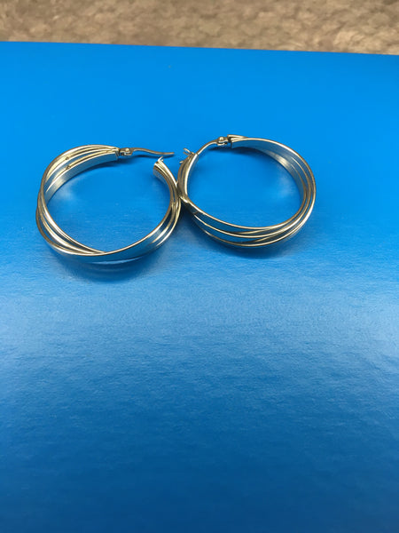 Stately Steel One And A Half Inch Three Row Hoop Earrings
