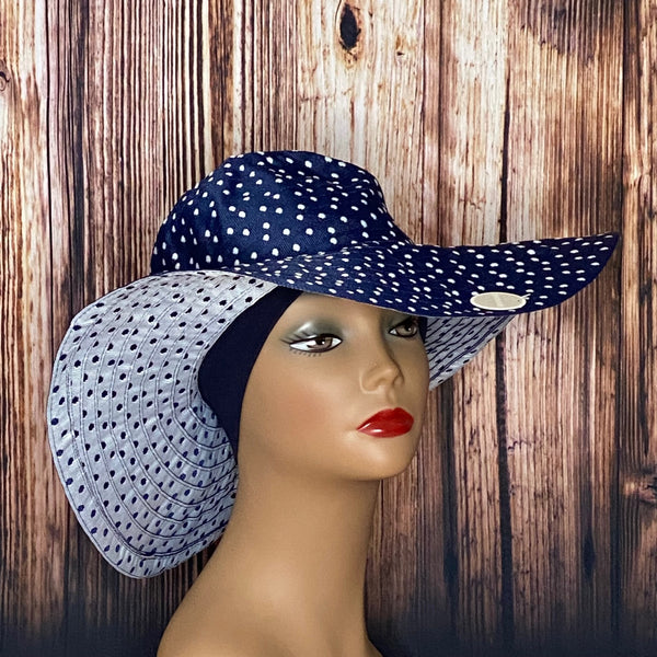 Navy Polka Dot Wide Brim Hat