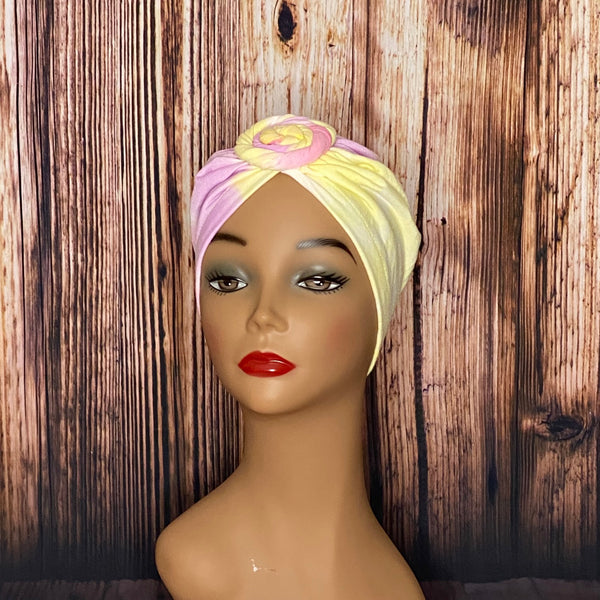Yellow Purple Tie Dyed Knotted Turban