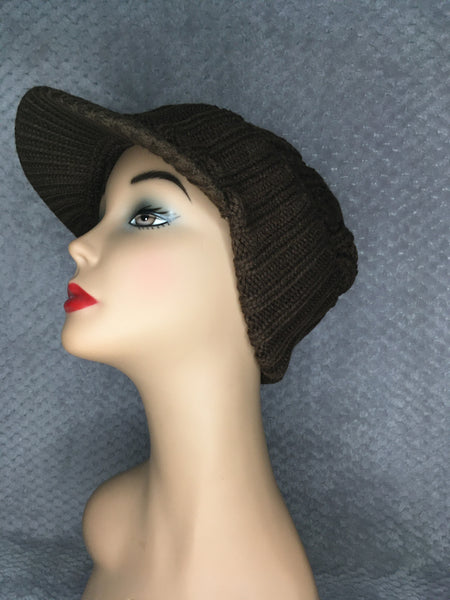 Brown Chunky Cable Knit Hat With Visor