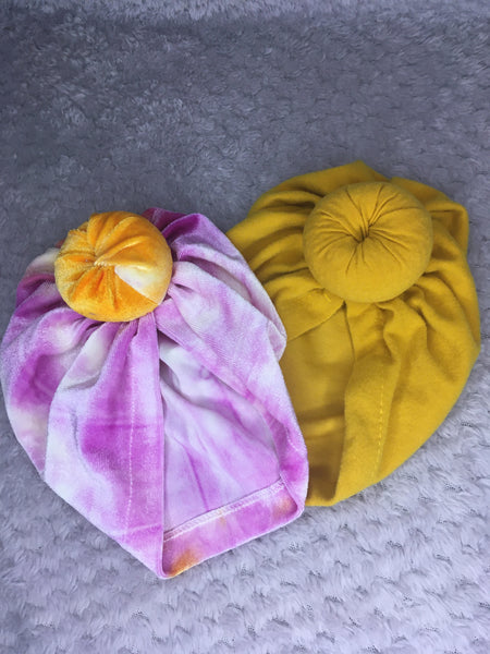 Kids 2pc Purple and Gold Knotted Turbans